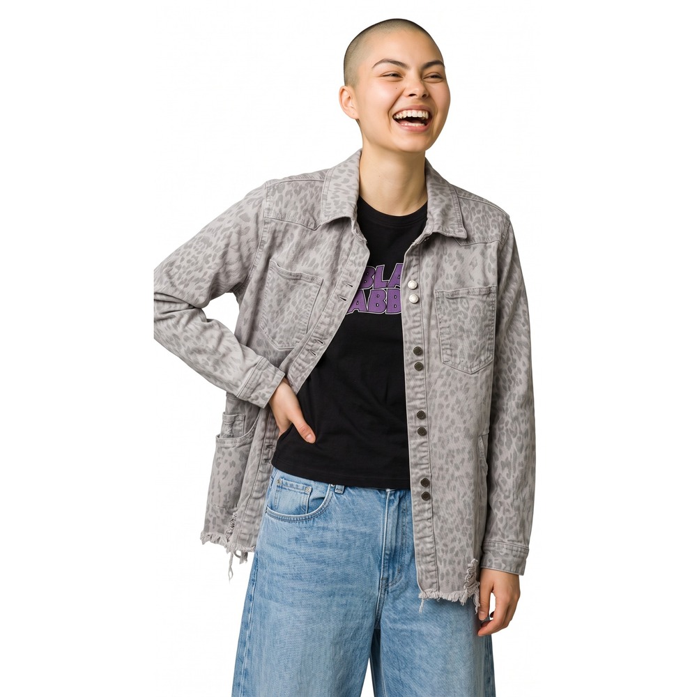 Kancan Grey Leopard Print Distressed Denim Jacket XS Oversized Edgystreetwear